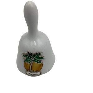 Vintage Florida Souvenir Bell White Ceramic Palm Tree Enameled Metal Emblem 4in